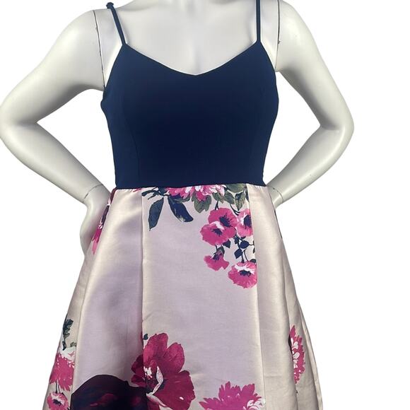 Nights By Teeze Me Strappy Velour Top Floral Bottom Gown Dress Navy Pinks 5/6 - Picture 16 of 16